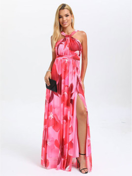 Robe Fleurie à Fente Latérale